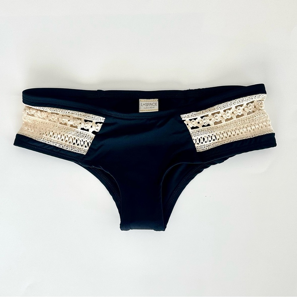 L*Space Boho Crochet Bikini Bottom, Black and Cream, Size XS